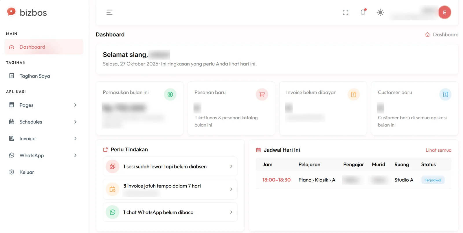 Dashboard bizbos dengan ringkasan invoice